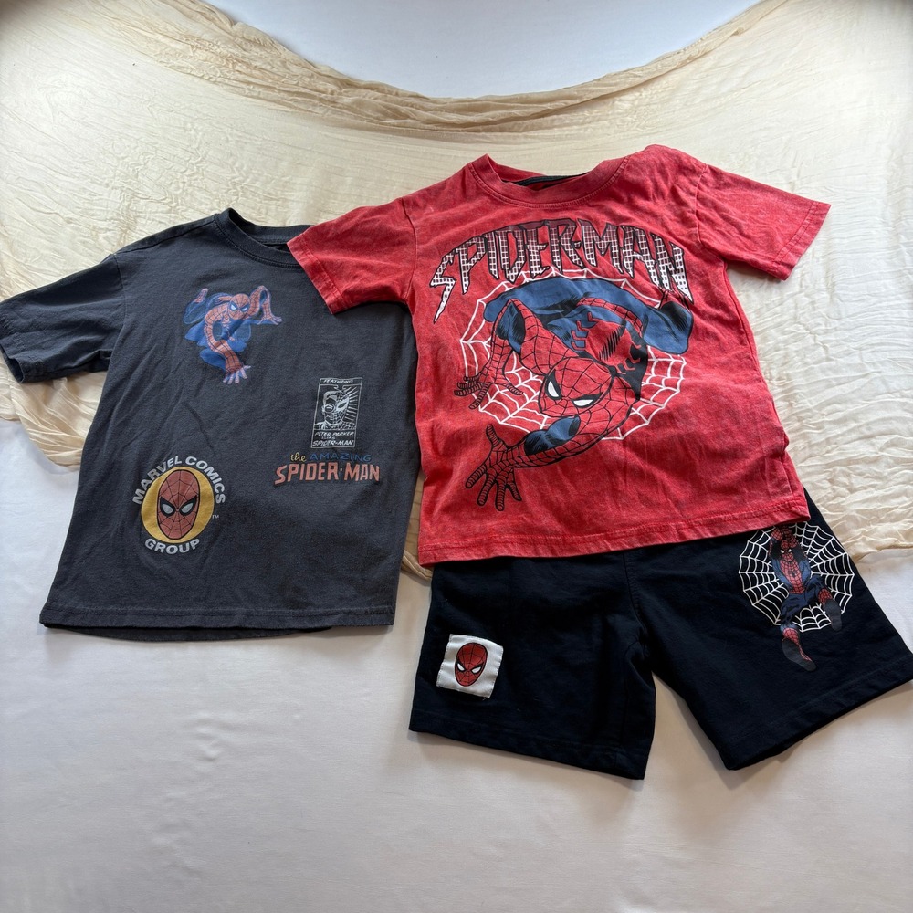 Marvel/Spiderman Set 2 short Sleeve Tees/ 1 Black Drawstring Graphic Shorts Sz 6